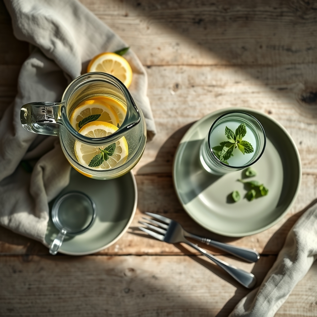 A glass jug of water with lemon slices and mint next to a full glass and an empty plate