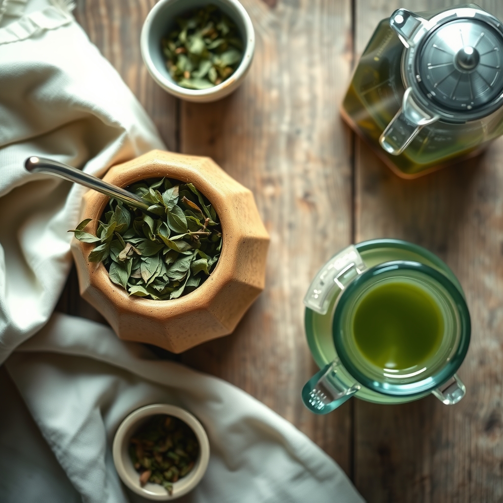 A gourd of yerba mate with a metal straw beside a bowl of loose dried mate leaves